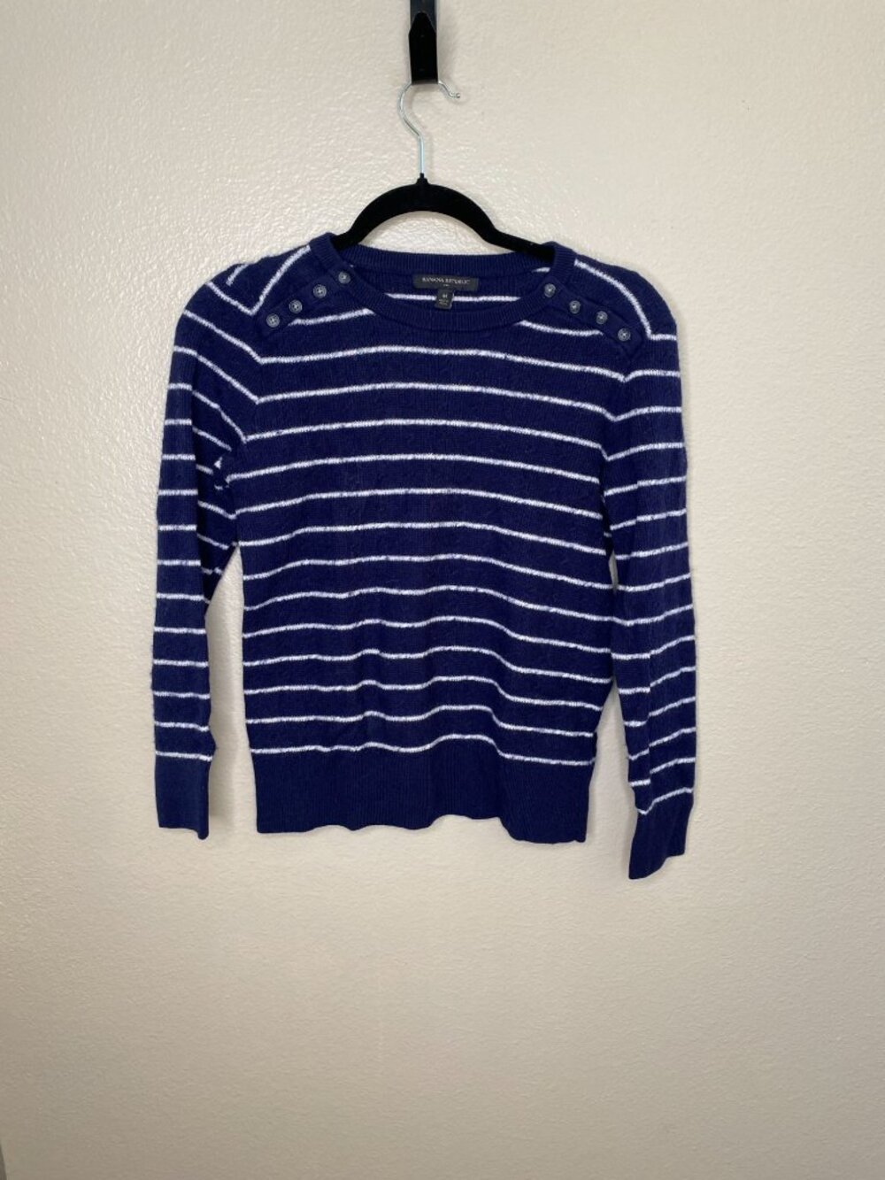 Banana Republic Womens Blue Striped Sweater Medium Button Detail Crewneck Knit